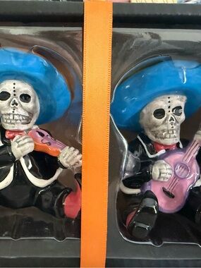 Blue-Hat Skeleton Musician Figurine Day of the Dead Salt & Pepper Shakers